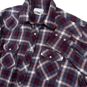 Wrangler Wrancher Western Flannel Shirt Plaid Pearl Snap Burgundy Men's XL‎